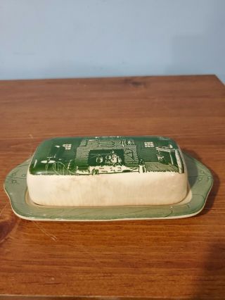 China: Colonial Homestead By Royal Green & White Butter Dish W/handles & Lid Vtg