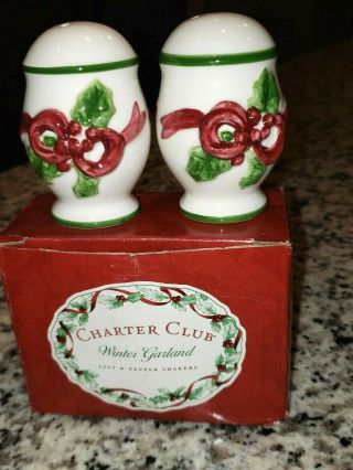 Charter Club Winter Garland Salt & Pepper Shakers Red Ribbon Holly / Berries