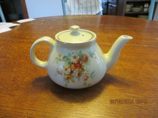 Vintage Hall Ceramic Yellow Gold Floral Teapot Repaired Crack On Bottom?