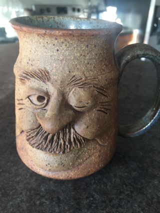 Signed By Artist.  Vintage Stoneware Pottery 3d Ugly Funny Face Coffee Cup Mug 4 "