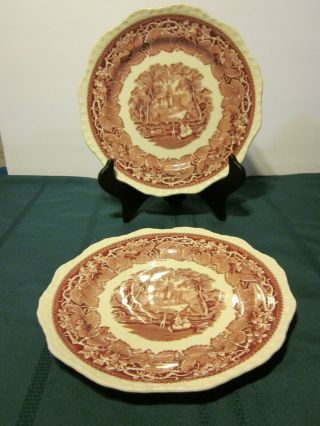 Vintage Masons Vista Pink Ironstone Set Of 2 Landscape Dinner Plate 10 3/4 "