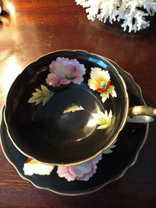 Cangai China Black Floral Tea Cup & Saucer Made In Occupied Japan