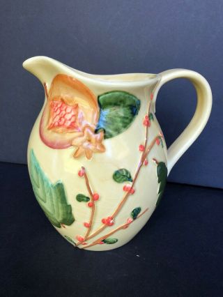 Vin Italian Dipinto A Mano Glazed Hand Painted Flower And Fruit Pitcher 8” Tall