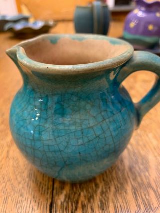 Antique Vintage Red Clay Pitcher Jug Crackle Glaze Blue Pottery 4 "