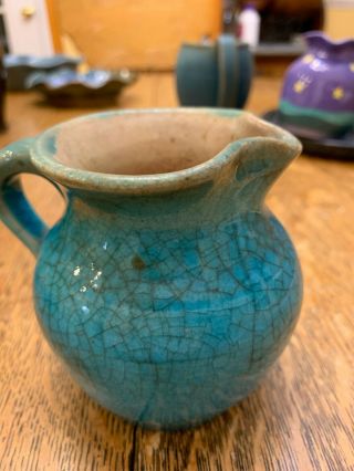 Antique Vintage Red Clay Pitcher Jug Crackle Glaze blue Pottery 4 