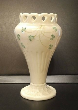 Vintage Beleek Fluted Vase Lattice Top Made In Ireland 7.  5 X 3.  25 Inches