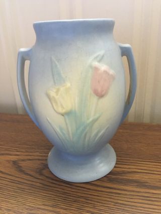 Vintage 1940 - Hull Art Pottery Vase - Tulips Flowers - Footed - Handles - Home Decor