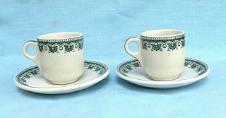 Vintage Jackson China Cups & Saucers White With Dark Green Pattern