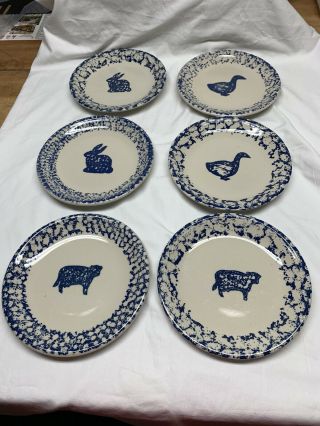 Folk Craft Animals By Tienshan Blue & White Sponge Set Of 6 Luncheon Plates