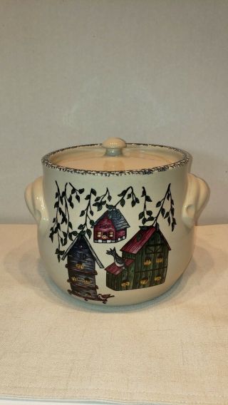 Home & Garden Party Stoneware " Birdhouses " Bean Pot Crock With Lid - Usa - 1999