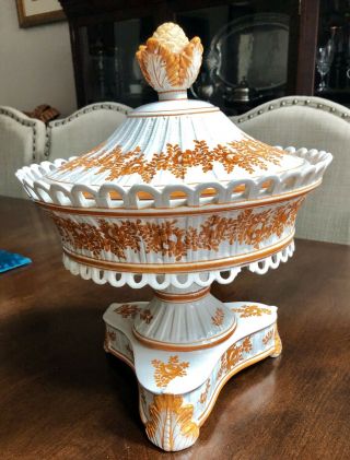 Vintage Italian Pottery Compote Hand Painted Orange/white Lidded Centerpiece 13”