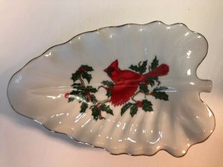 Vintage Lefton China Hand Painted Leaf Candy Dish Red Cardinal