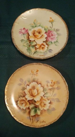 Set I.  Yokoe Signed Hand Painted Roses 8 - 1/4 " Porcelain Plate Sponged Gilt Edge