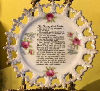 Antique Hand Painted The Twenty Third Psalm Round Plate Wall Hanging Pink Roses