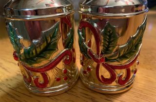 Lenox Holiday Nouveau Salt And Pepper Shakers Gold Red Holly Bow Christmas