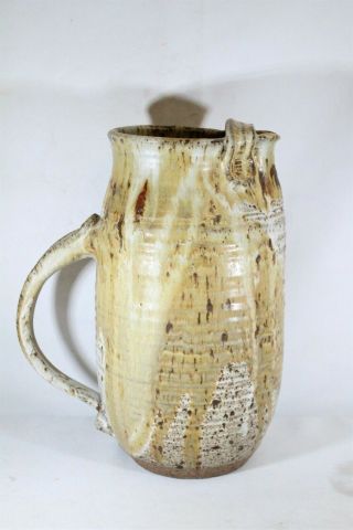 Mcm White Copperdust Dripped Spotted Ringed Studio Pottery Pitcher Strapped Lip