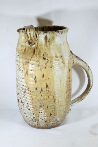 MCM White Copperdust Dripped Spotted Ringed Studio Pottery Pitcher Strapped Lip 3