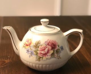Vintage Ellgreave England Ironstone Teapot Pink Roses & Blue Flowers