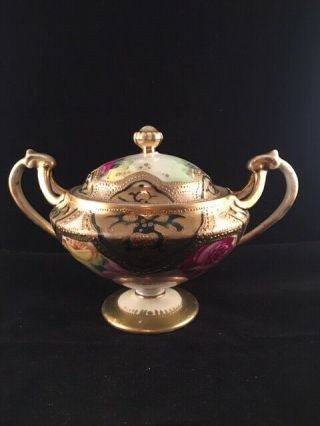 Antique,  Gold Encrusted Nippon Porcelain Footed Sugar Bowl,  Pink & Red Roses