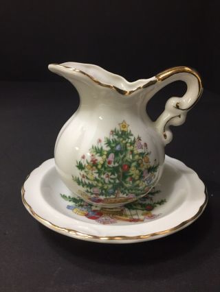 Vintage Lefton China Christmas Coffee Creamer Syrup Pitcher With Saucer 1074
