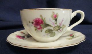 Vintage Porcelain Teacup And Saucer Set.  White W/ Pink Floral,  Gold Gilt Japan