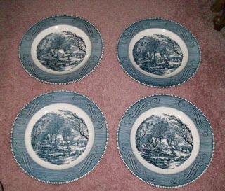 Set 4 Vintage Royal Usa Currier Ives 10 " Blue Dinner Plates The Old Grist Mill