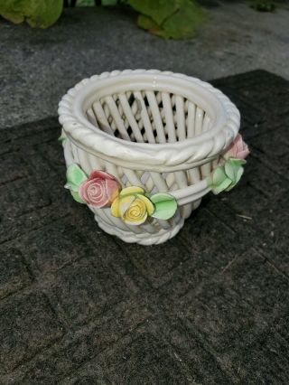 Vtg Woven Ceramic Porcelain Rope Flower Basket Made in Italy Floral Home Decor 2