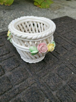 Vtg Woven Ceramic Porcelain Rope Flower Basket Made in Italy Floral Home Decor 4