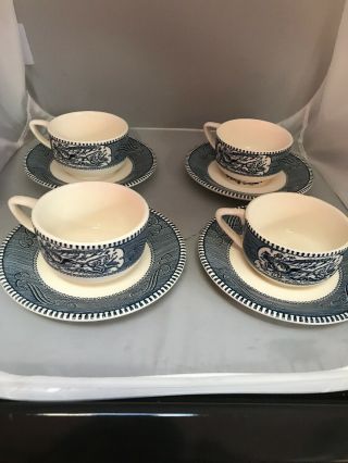 Royal China Currier And Ives Blue Cups Saucers Set Of 4
