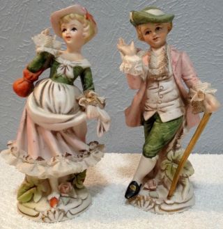 Vintage Porcelain Victorian Man & Lady Hand Painted Figurine Japan 6 1/4in.  Tall