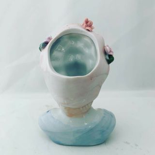 Vintage Lady Head Vase Porcelain Planter Blue Hat Pink Dress W/ Roses