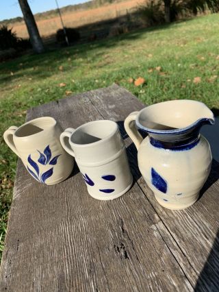 3 Williamsburg Va.  Pottery Salt Glaze Pitchers,  Mug Grey Cobalt Blue Leaf