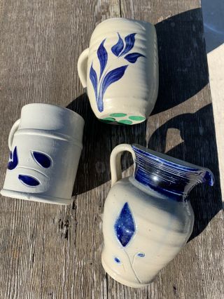 3 Williamsburg Va.  Pottery Salt Glaze Pitchers,  Mug Grey Cobalt Blue Leaf 5