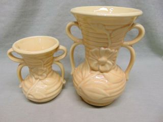2 - Vintage Shawnee Pottery Yellow Dbl Loop Handled Embossed Flower Vase