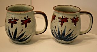Set Of 2 Stoneware Coffee Mugs With Lotus Flowers And Dragonflies