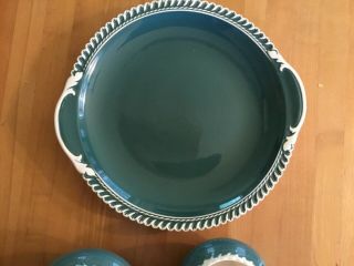 Vintage Harker Pottery Teal Green Corinthian White Rope Trim Round Platter Chop