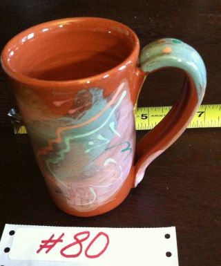 Vtg Red Clay Hand Made Signed Mug Cup Hand Painted Under Glaze Abstract Style