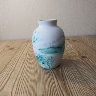 Nemadji Pottery Usa 7 " Vase - Blue,  Green,  Black Marbled Swirls.