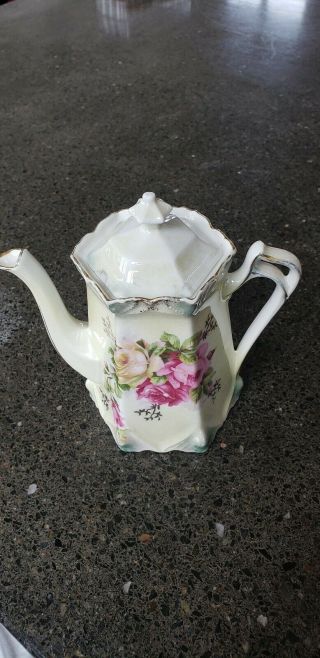China Teapot Light Green With Pink And Yellow Roses And Gold Trim