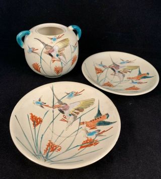 Vintage Set (3) Hand Painted Birds Plates Saucers Sugar Bowl Japan