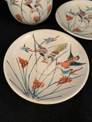 Vintage Set (3) Hand Painted Birds Plates Saucers Sugar Bowl Japan 2