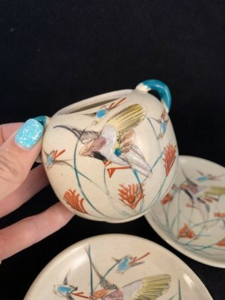 Vintage Set (3) Hand Painted Birds Plates Saucers Sugar Bowl Japan 4