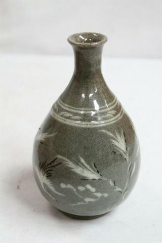 Vintage Korean Dark Green Celadon Cranes Storks Flowers Bulbous Pottery Vase 2