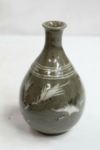 Vintage Korean Dark Green Celadon Cranes Storks Flowers Bulbous Pottery Vase 3