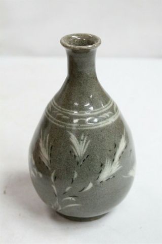 Vintage Korean Dark Green Celadon Cranes Storks Flowers Bulbous Pottery Vase 4