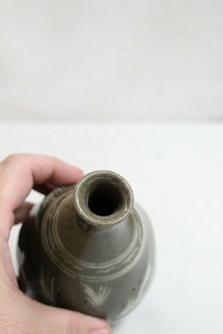 Vintage Korean Dark Green Celadon Cranes Storks Flowers Bulbous Pottery Vase 5