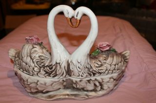 Capodimonte - 2 Swans Vase - Roses - Made In Italy - Vintage - Swans In Love