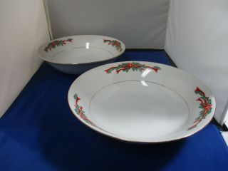 " Poinsettia & Ribbons " Fine China Made In China Set Of 2 Serving Bowls 9 1/2 "