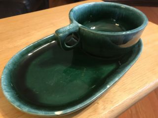 Vintage Hull Pottery Drip Glaze Green With Handle Soup Bowl Plate Oven Proof Usa