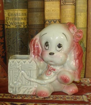 Vintage Royal Copley Puppy Dog Planter With Pink Bow Art Pottery